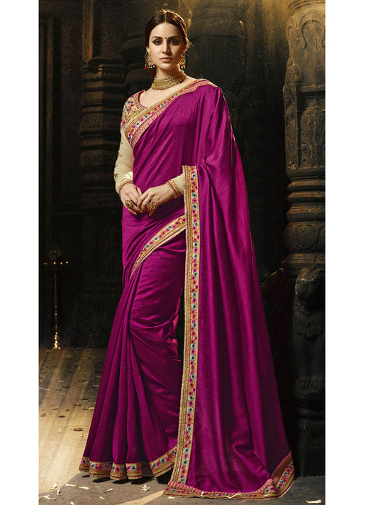 Embroidered Border Silk Saree in Purple color-82083