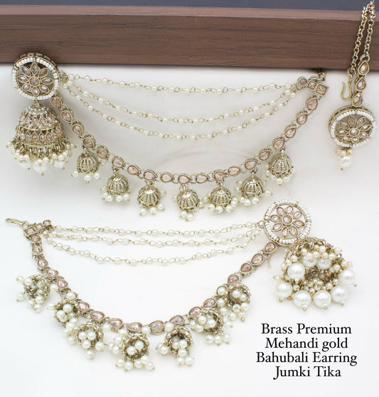 Brass Premium quality Mehandi Gold Bahubali Earring jumki tika set-301149