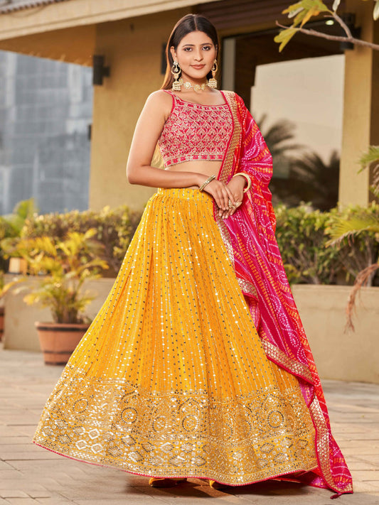 Georgette Traditional Reception Semi-Stitched Lehenga Choli In Yellow color-40993