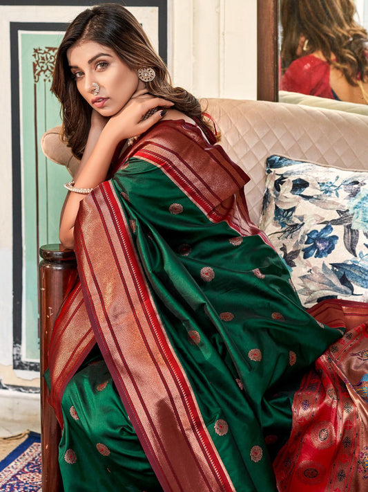 Embroidered Paithani Silk Traditional Partywear Saree In Green Color-81776
