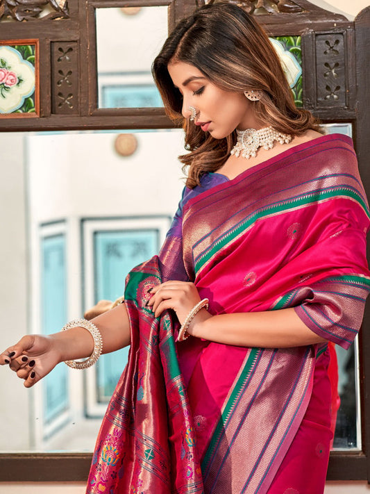 Embroidered Paithani Silk Traditional Partywear Saree In Pink Color-81775