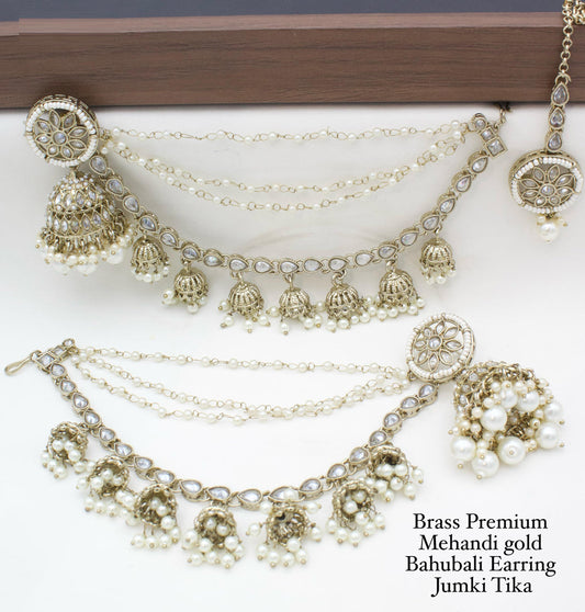 Brass Premium quality Mehandi Gold Bahubali Earring jumki tika set-301150