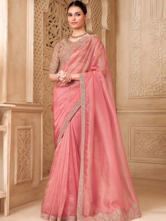 Gold Pink Glass tissue Georgette with Embroidered Saree-32013