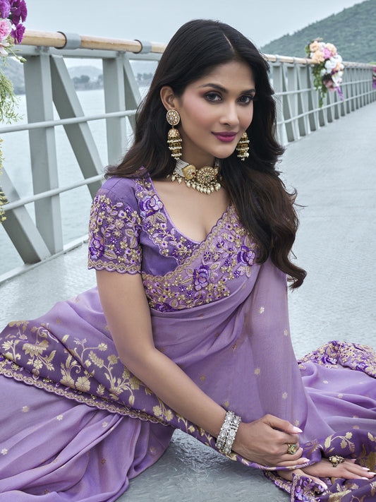 Zari Embroidery Soft Fancy Double shaded Saree in Purple Color-81549