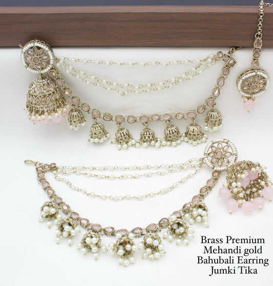 Brass Premium quality Mehandi Gold Bahubali Earring jumki tika set-301152
