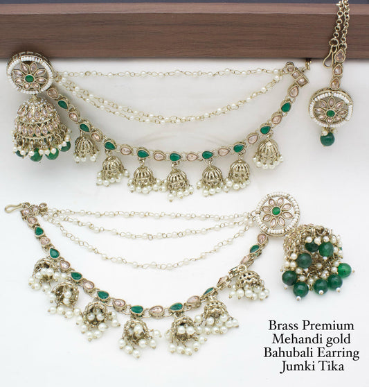 Brass Premium quality Mehandi Gold Bahubali Earring jumki tika set-301153