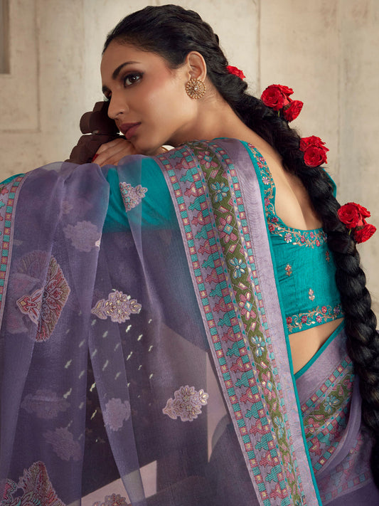 Printed Organza Silk Partywear Sangeet Saree In Blue Color-81564