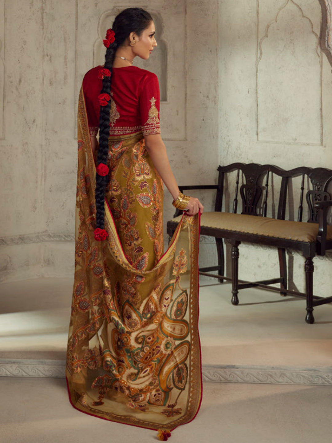 Printed Organza Silk Partywear Sangeet Saree In Yellow Color-81569