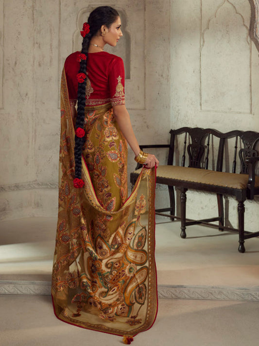 Printed Organza Silk Partywear Sangeet Saree In Yellow Color-81569