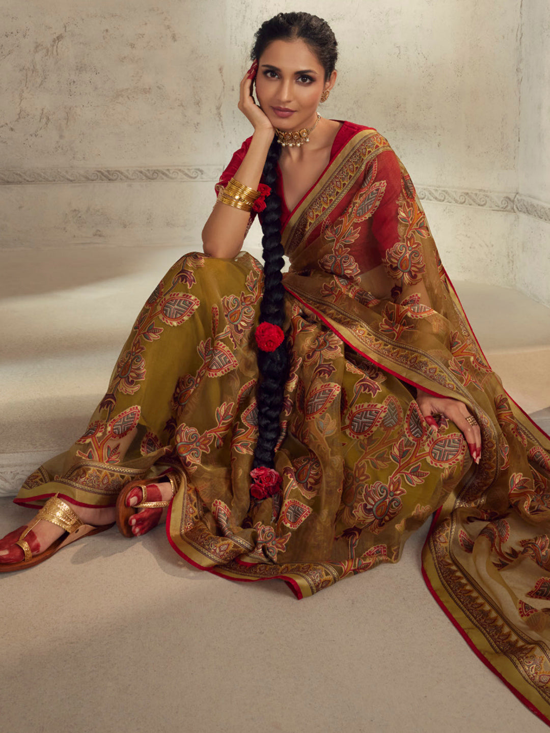 Printed Organza Silk Partywear Sangeet Saree In Yellow Color-81569