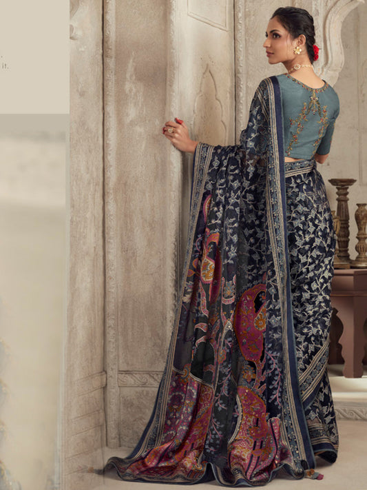 Printed Organza Silk Partywear Sangeet Saree In Grey Color-81571