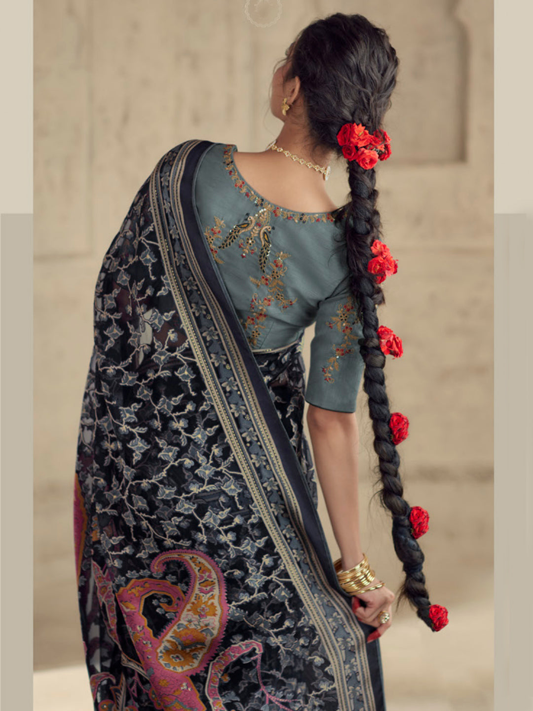 Printed Organza Silk Partywear Sangeet Saree In Grey Color-81571