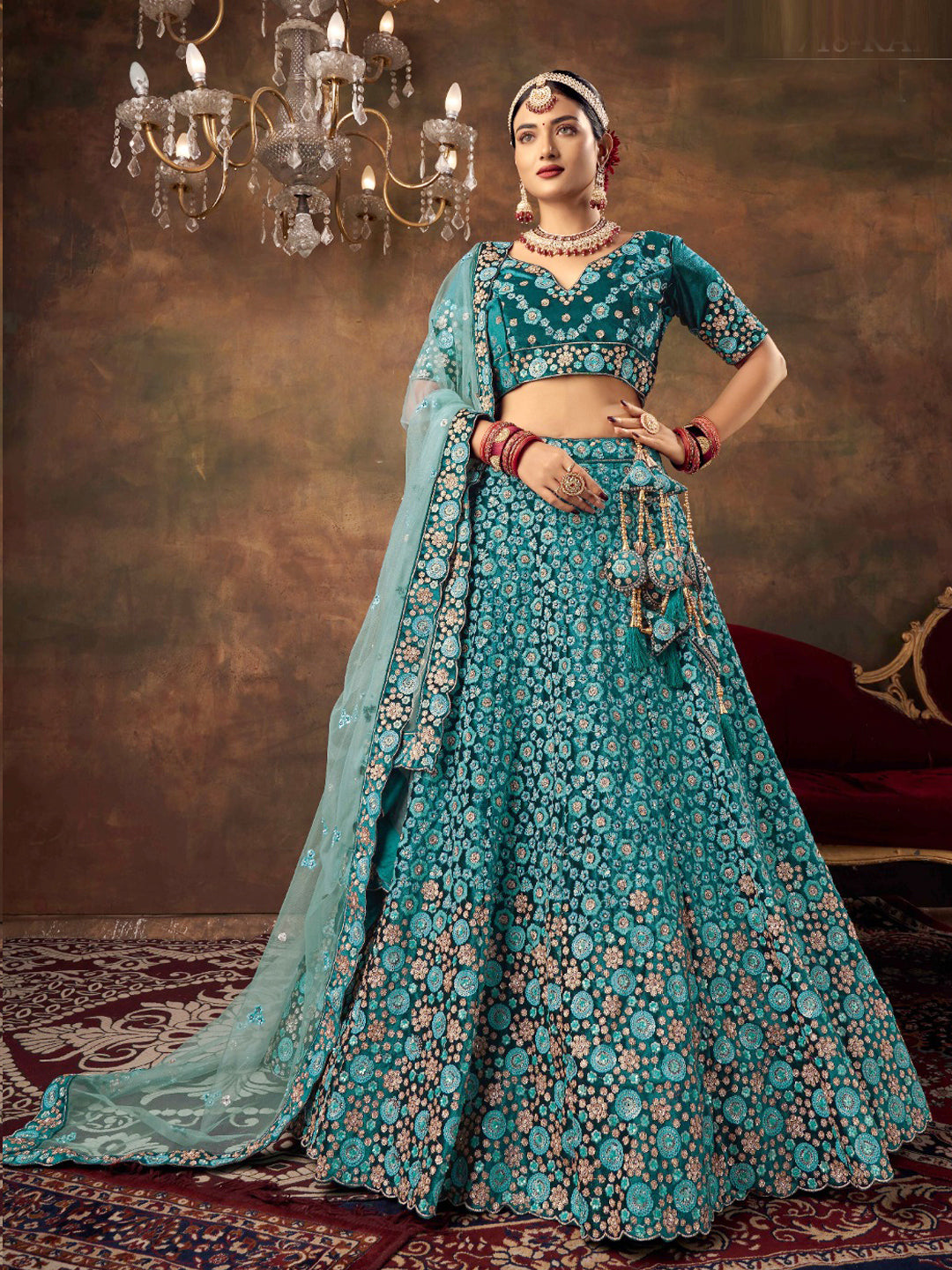 Embroidered Velvet Bridal Lehenga in Blue color-81813