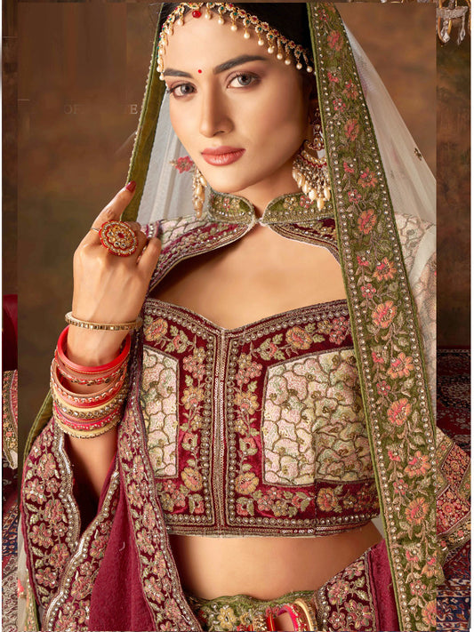 Embroidered Silk Bridal Lehenga with Double Chunni in off white color-81816