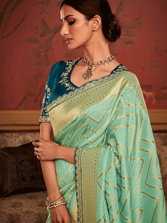 Embroidered Designer Pure Dola Silk Bridal Traditional Saree In Green