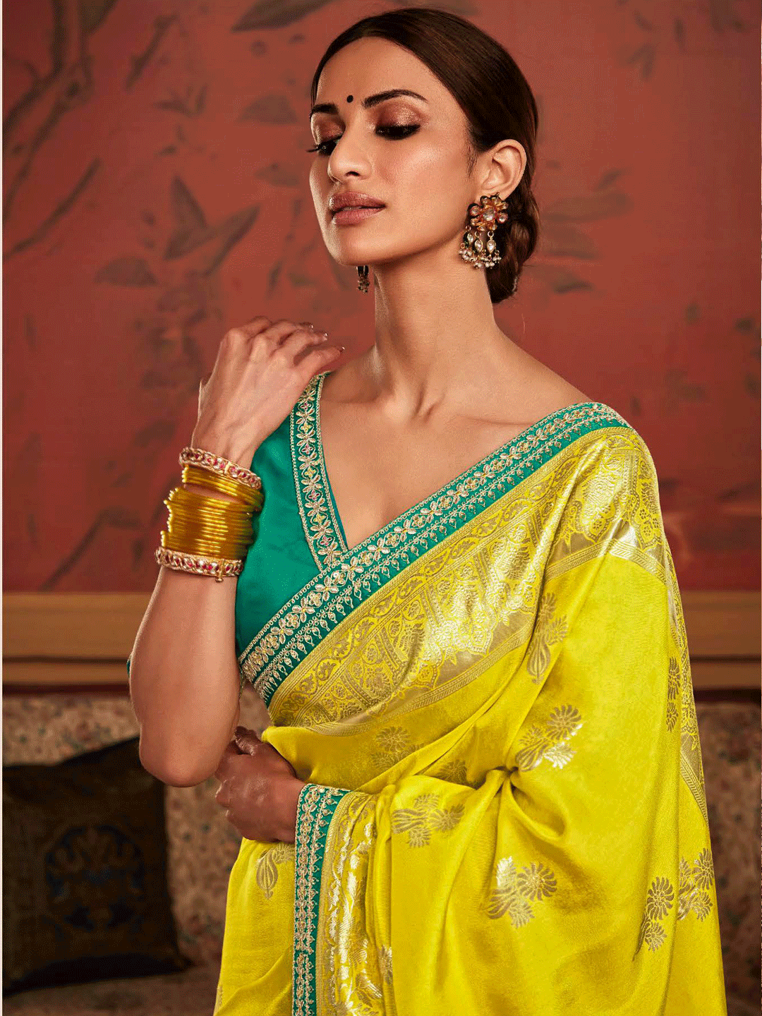 Embroidered Designer Pure Dola Silk Bridal Traditional Saree In Yellow