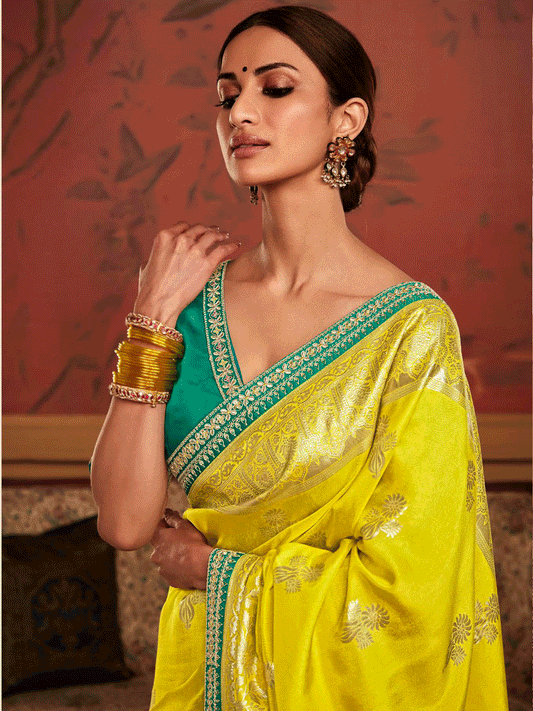 Embroidered Designer Pure Dola Silk Bridal Traditional Saree In Yellow
