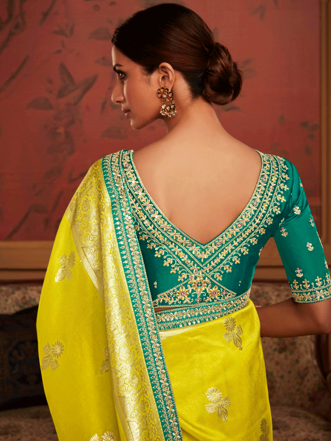 Embroidered Designer Pure Dola Silk Bridal Traditional Saree In Yellow