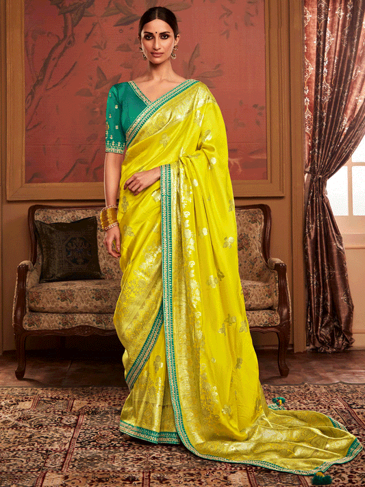 Embroidered Designer Pure Dola Silk Bridal Traditional Saree In Yellow