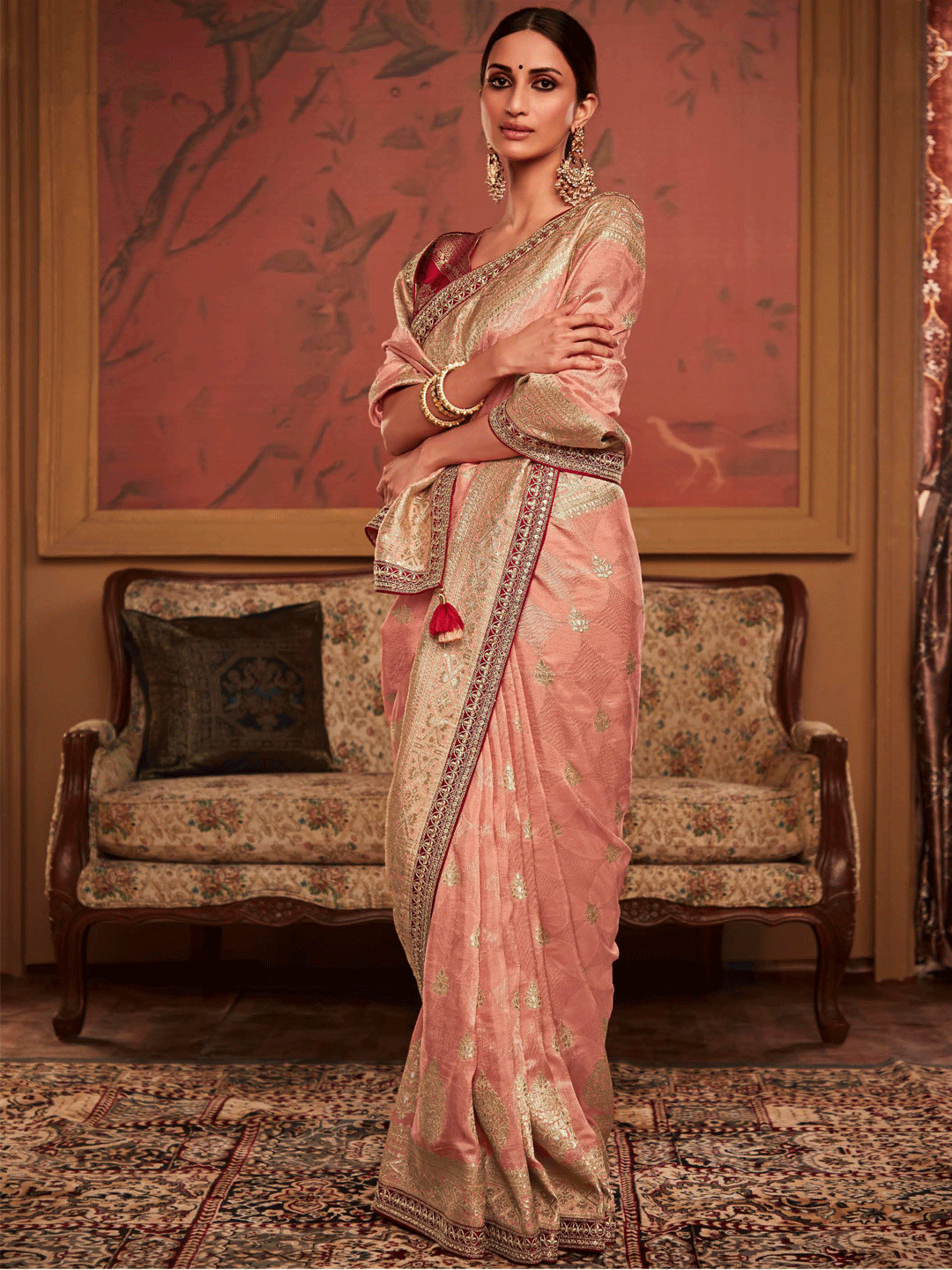 Embroidered Designer Pure Dola Silk Bridal Traditional Saree In Beige