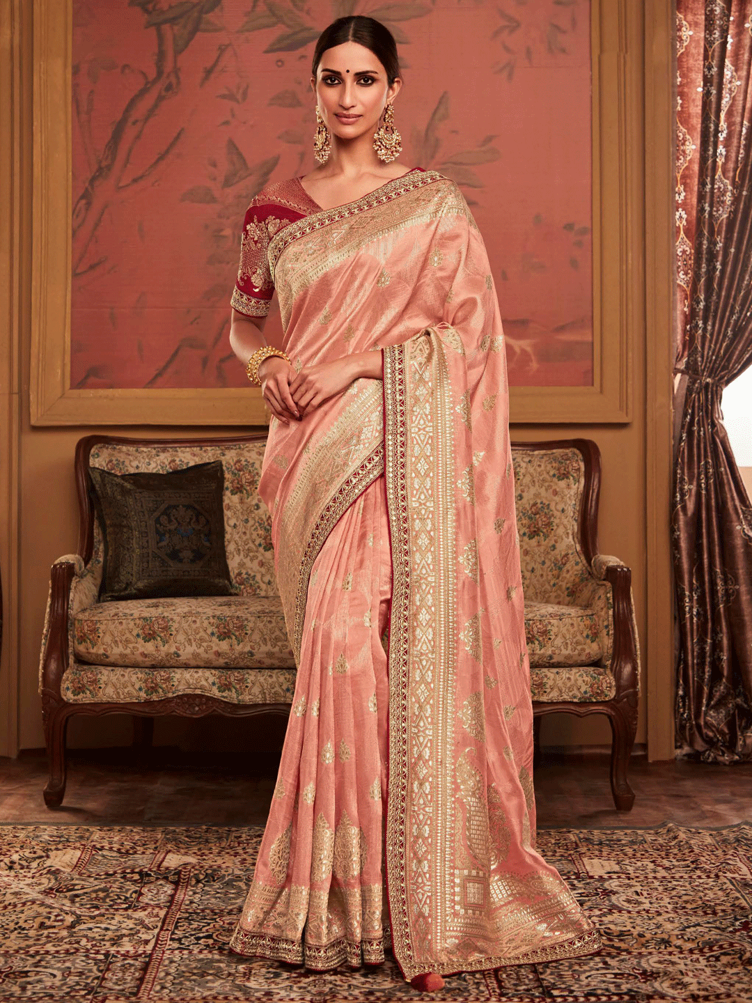 Embroidered Designer Pure Dola Silk Bridal Traditional Saree In Beige