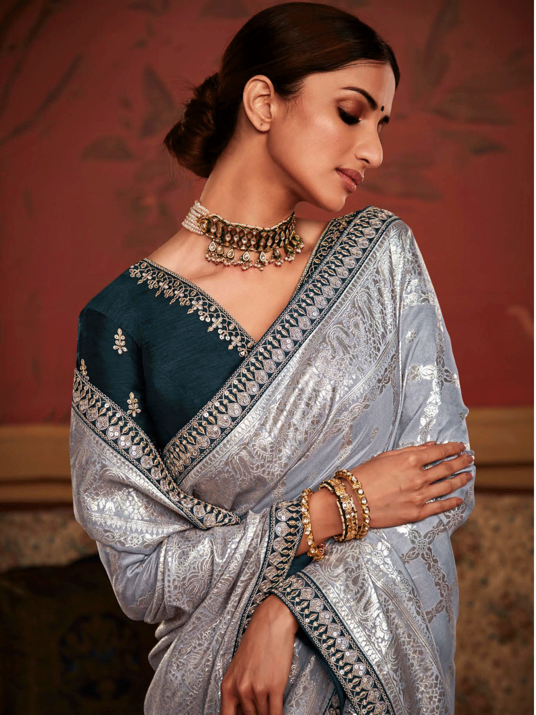 Embroidered Designer Pure Dola Silk Bridal Traditional Saree In Silver