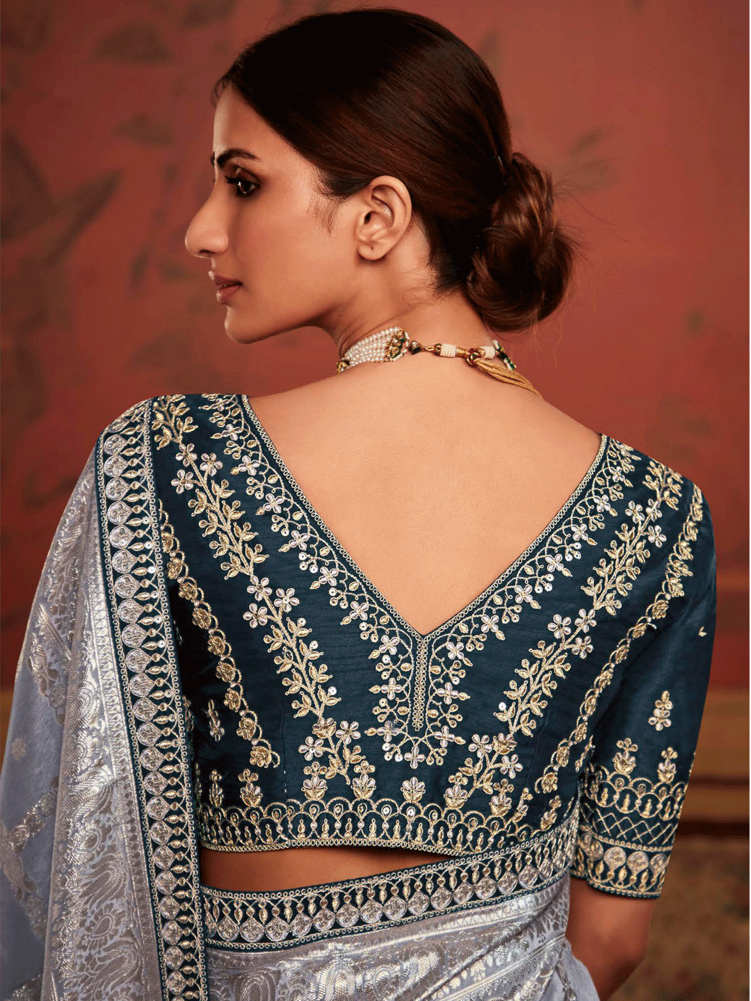 Embroidered Designer Pure Dola Silk Bridal Traditional Saree In Silver