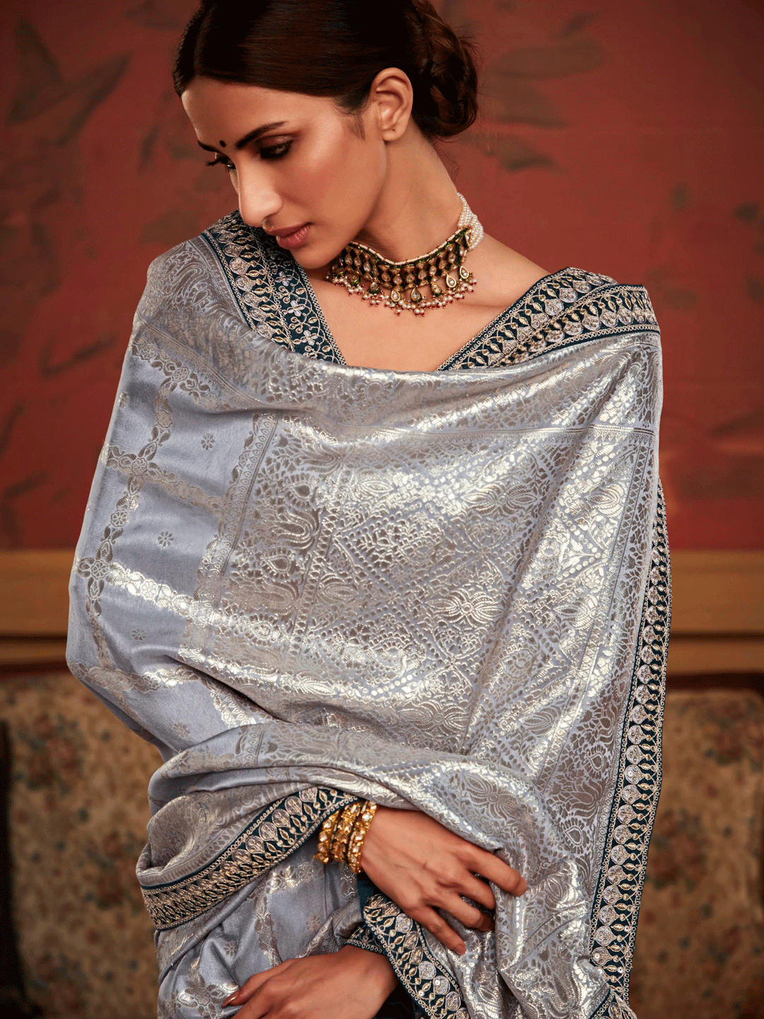 Embroidered Designer Pure Dola Silk Bridal Traditional Saree In Silver