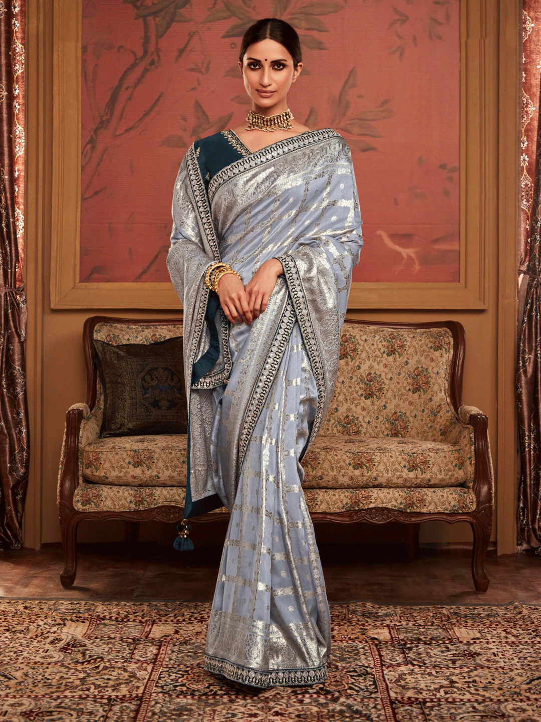 Embroidered Designer Pure Dola Silk Bridal Traditional Saree In Silver