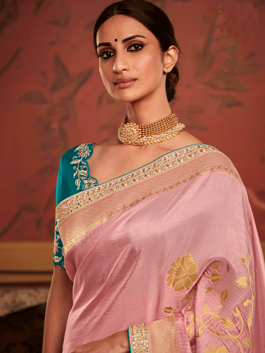 Embroidered Designer Pure Dola Silk Bridal Traditional Saree In Pink