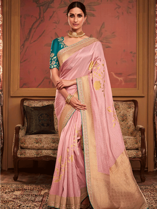 Embroidered Designer Pure Dola Silk Bridal Traditional Saree In Pink
