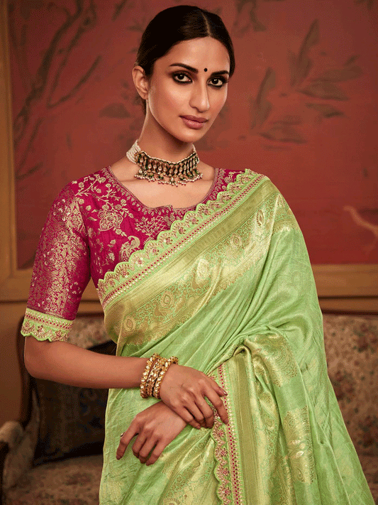 Embroidered Designer Pure Dola Silk Bridal Traditional Saree In Pink