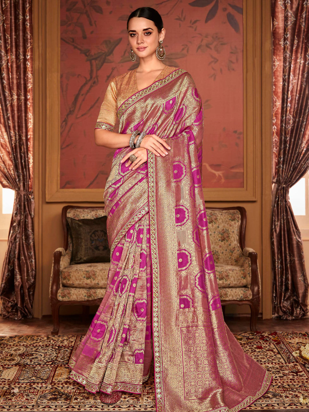 Embroidered Designer Pure Dola Silk Bridal Traditional Saree In Pink-81093