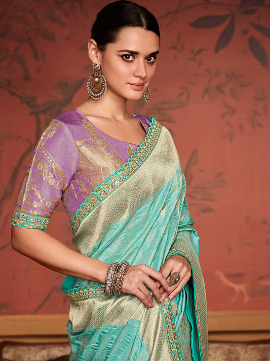 Embroidered Designer Pure Dola Silk Bridal Traditional Saree In Blue