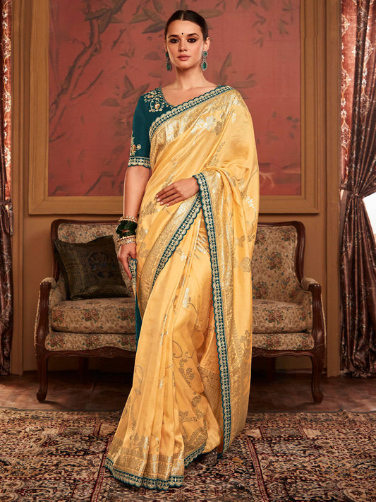 Embroidered Designer Pure Dola Silk Bridal Traditional Saree In Gold-1