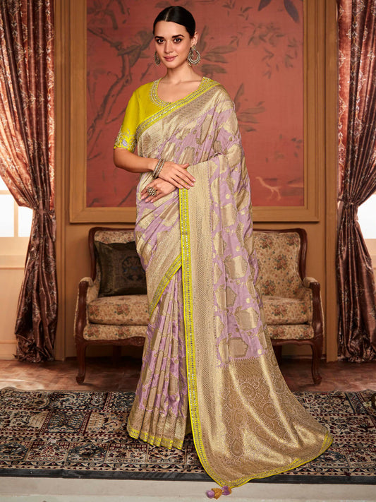 Embroidered Designer Pure Dola Silk Bridal Traditional Saree In Purple-81097