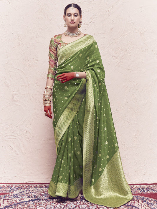 Heavy Viewing Designer Pure Crepe Dola Silk Bridal Traditional Saree In Green-81358