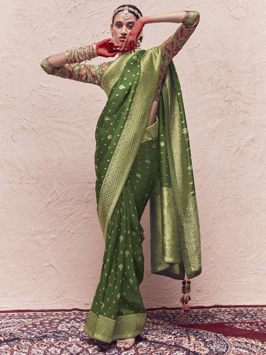 Heavy Viewing Designer Pure Crepe Dola Silk Bridal Traditional Saree In Green-81358