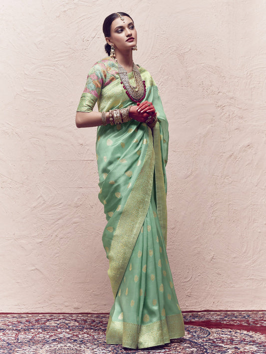 Heavy Viewing Designer Pure Crepe Dola Silk Bridal Traditional Saree In Green-81360