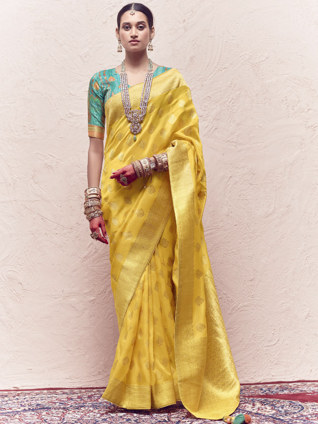 Heavy Viewing Designer Pure Crepe Dola Silk Bridal Traditional Saree In Yellow-81361