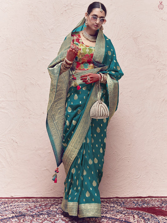 Heavy Viewing Designer Pure Crepe Dola Silk Bridal Traditional Saree In Blue-81362