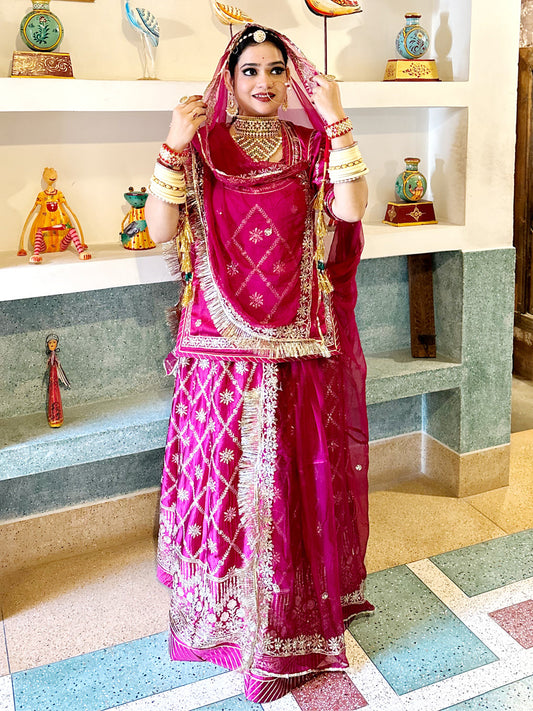 Satin Poshak with Intricate Jari Detailing(SEMI STICH) Rajputi Poshak Pink Color-81643
