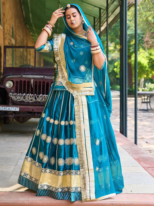 4 Meter full Gher Heavy Satin Wedding Sangeet Rajputi Poshak with Gota and Siroshi Work In Blue color-91340