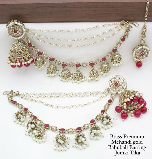 Brass Premium quality Mehandi Gold Bahubali Earring jumki tika set-301139