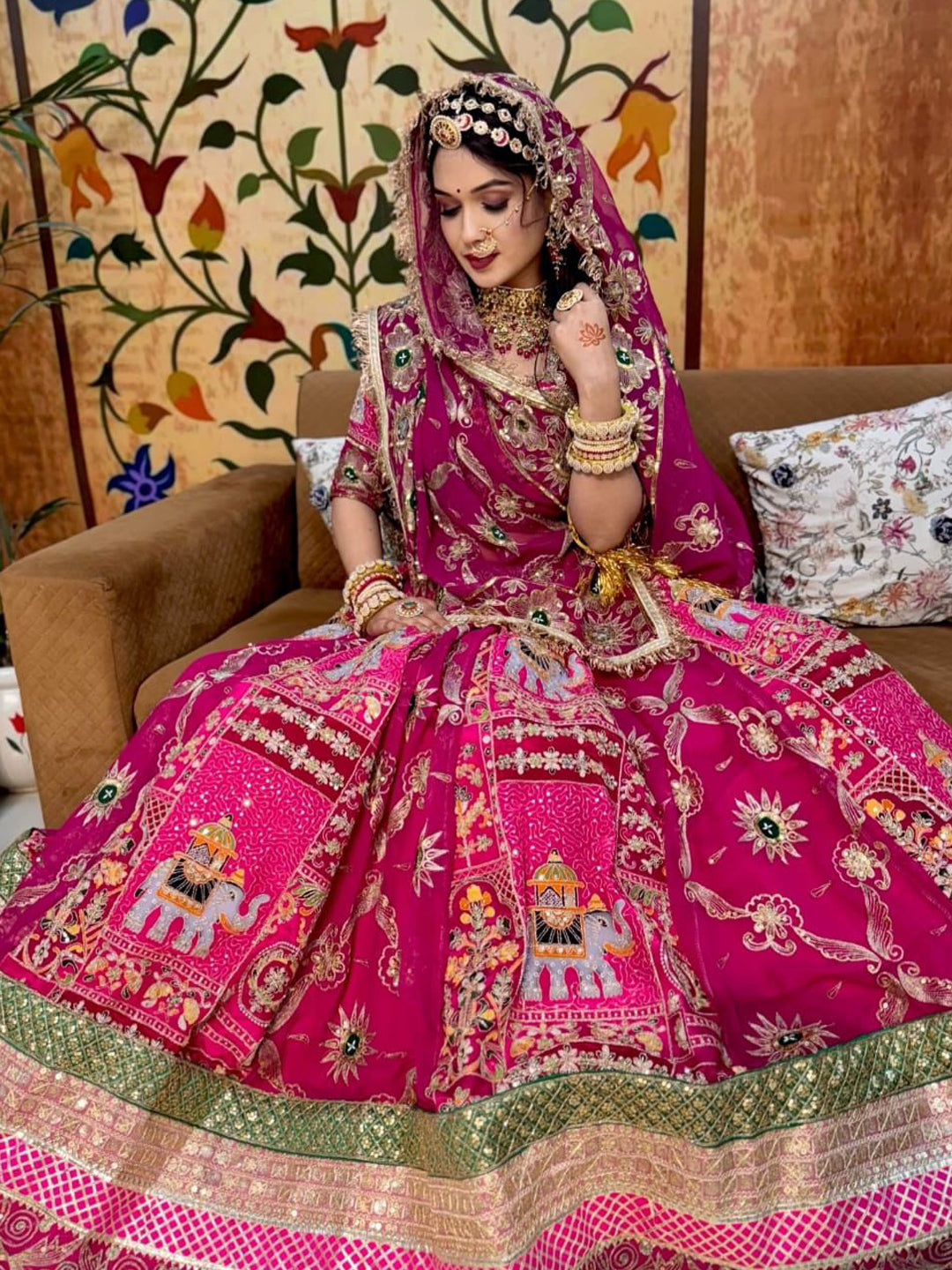 7 Miter full Gher Georgette Premium quality Bridal Rajputi Poshak In Pink color-91448