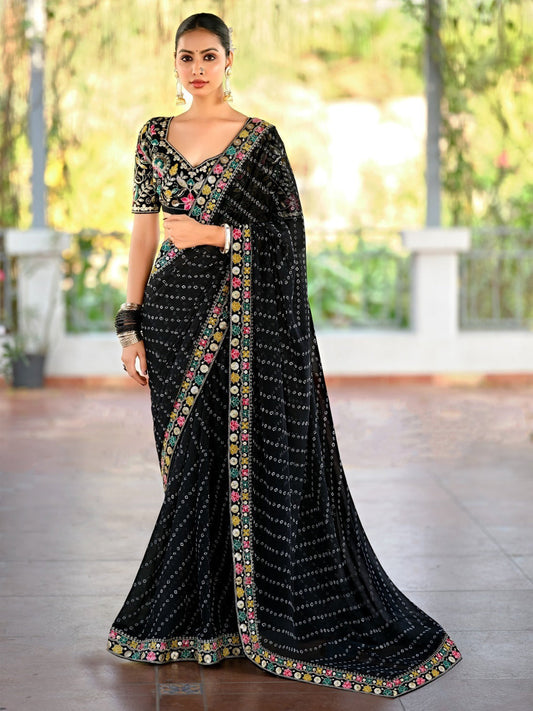 Georgette with Bandhej Printed Sequence work Saree in Black color-41010
