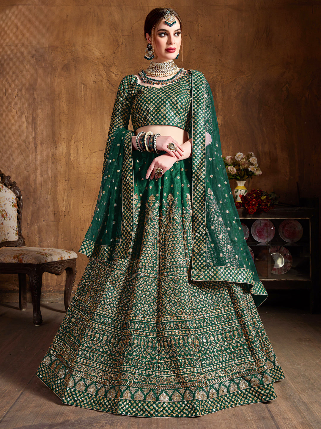 Raw Silk Engagement Sangeet Lehenga with Embroidered work in Green color-82106