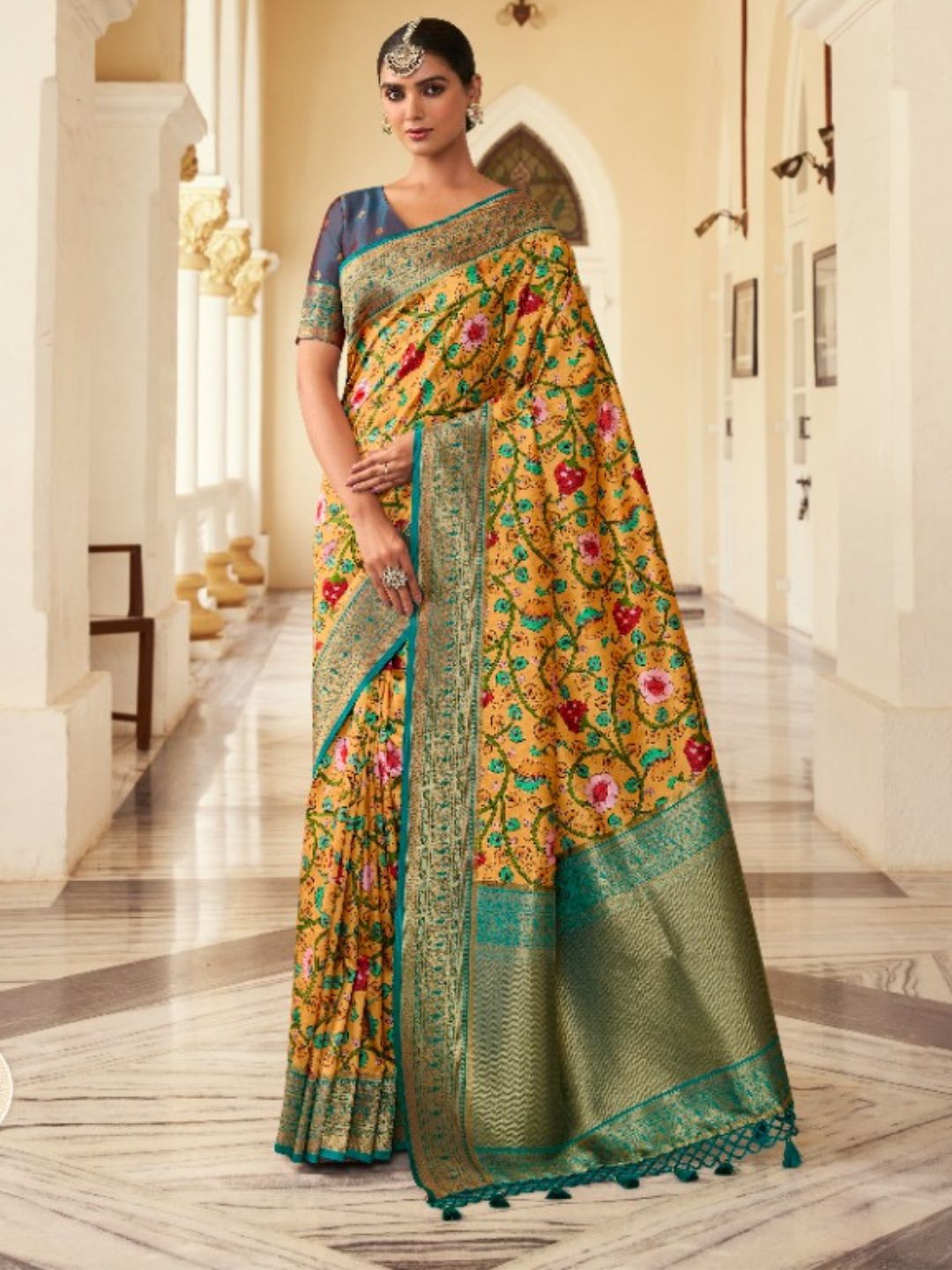 Digital Print Satin Silk Fastive Saree In Yellow