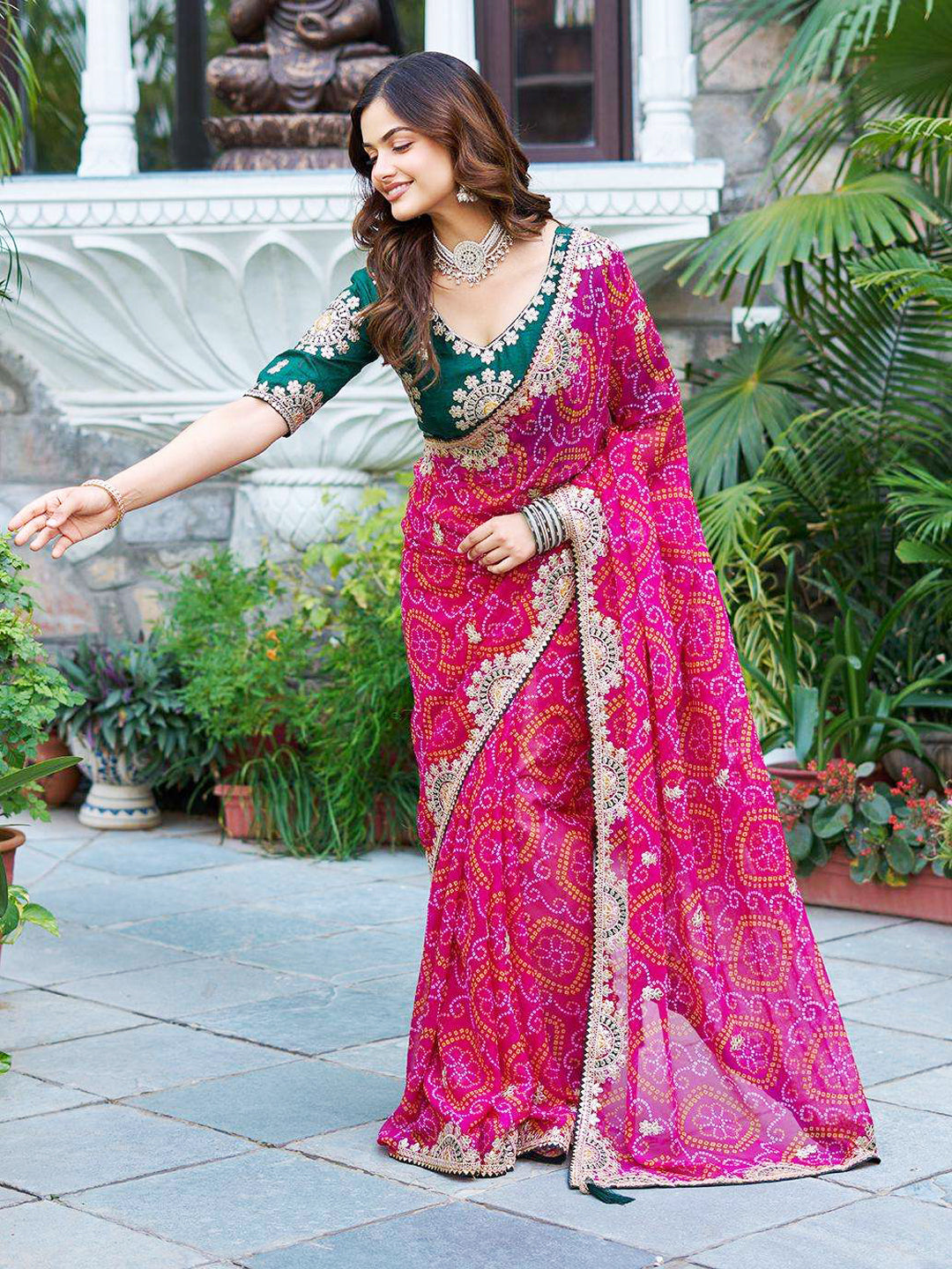 Georgette with Bandhej Printed Sequence work Saree in Pink color-41024