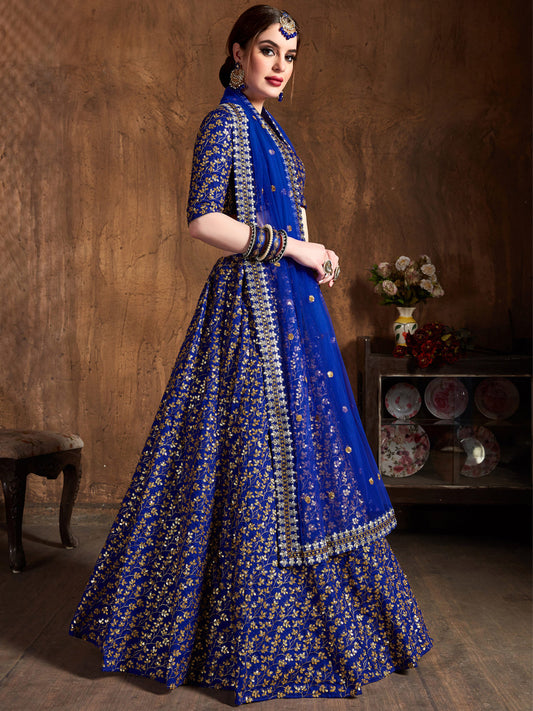 Raw Silk Engagement Sangeet Lehenga with Embroidered work in Blue color-82103